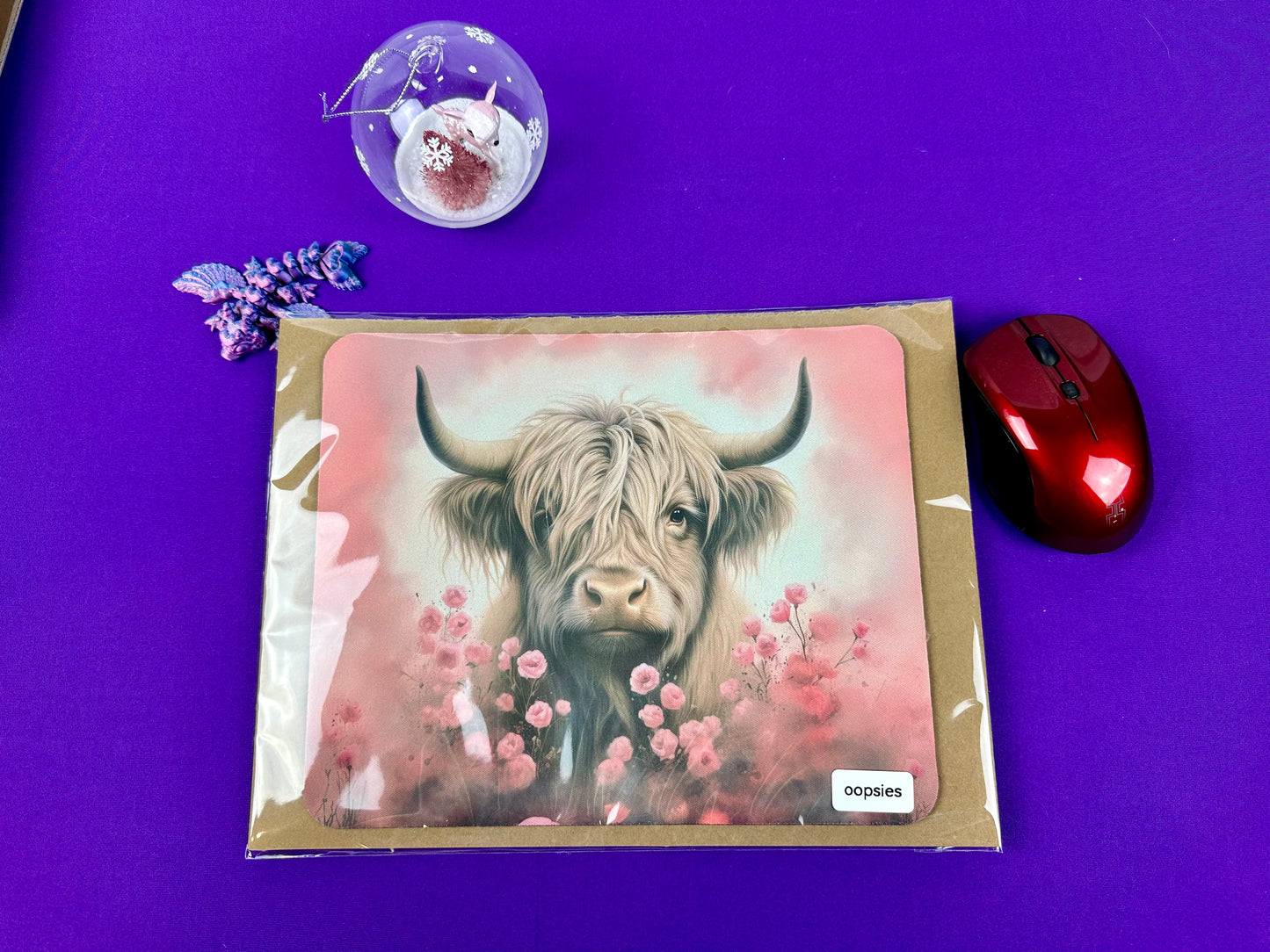 Oopsie Highland Cow with Pink Flowers Mousepad