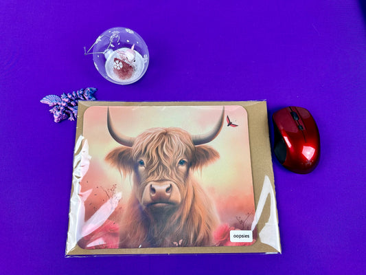 Oopsie Highland Cow with Moth Mousepad